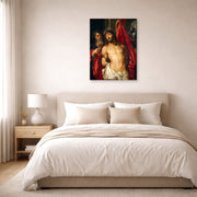 Unframed poster print of Peter Paul Rubens' 'Ecce Homo' displayed on a wall in a bedroom
