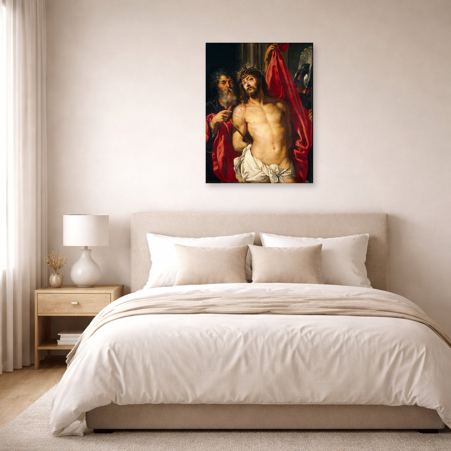 Unframed poster print of Peter Paul Rubens' 'Ecce Homo' displayed on a wall in a bedroom