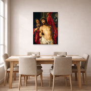 Unframed poster print of Peter Paul Rubens' 'Ecce Homo' displayed on a wall in a dining room
