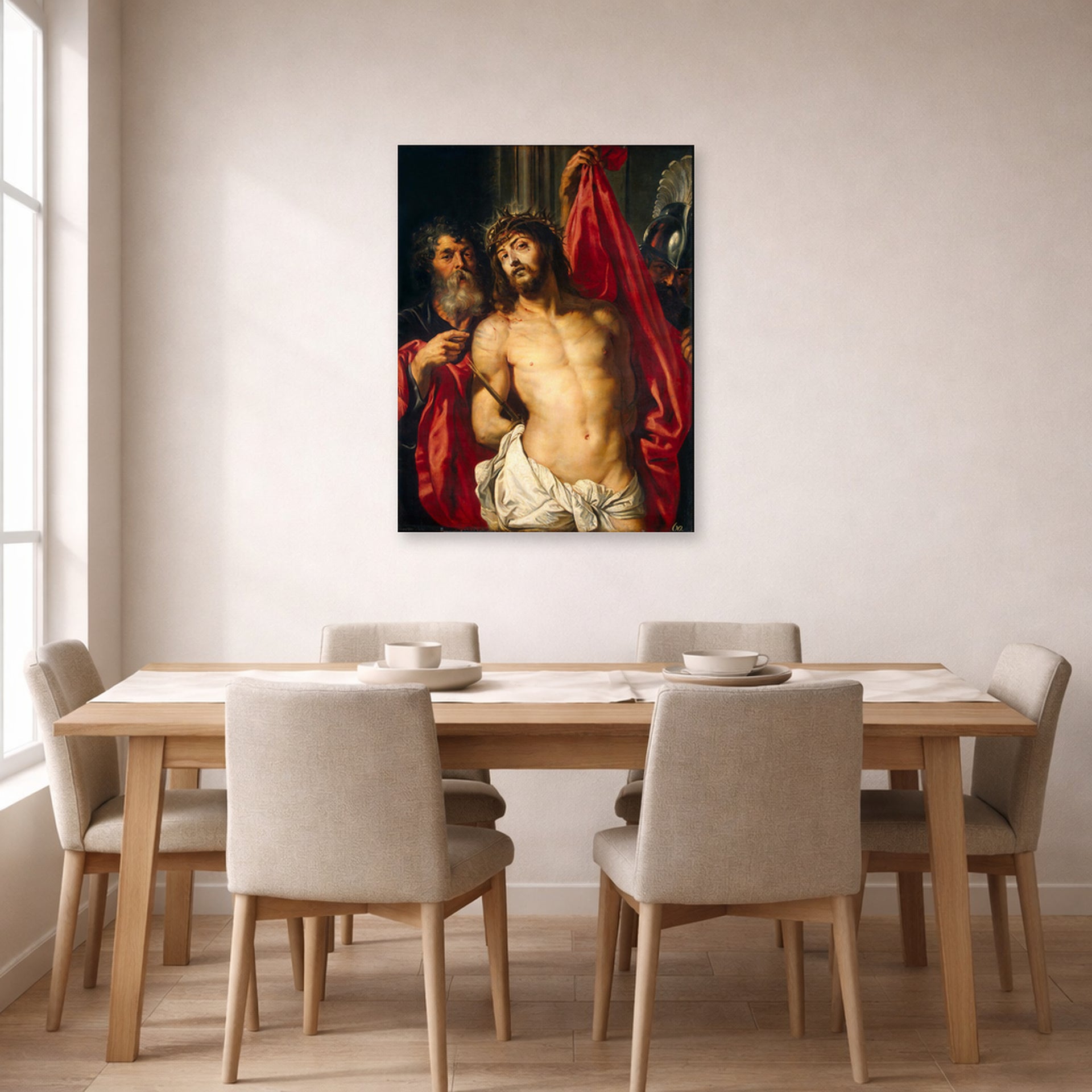 Unframed poster print of Peter Paul Rubens' 'Ecce Homo' displayed on a wall in a dining room