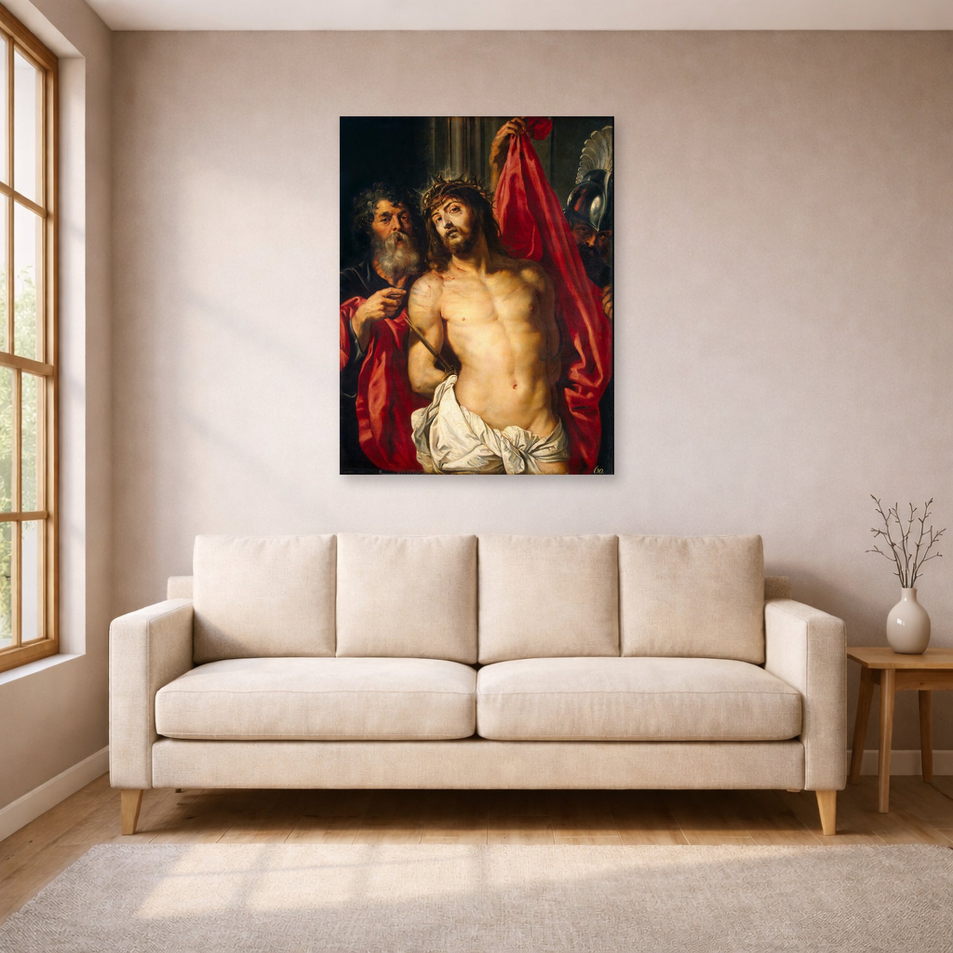 Unframed poster print of Peter Paul Rubens' 'Ecce Homo' displayed on a wall in a living room (image 1 of 2)