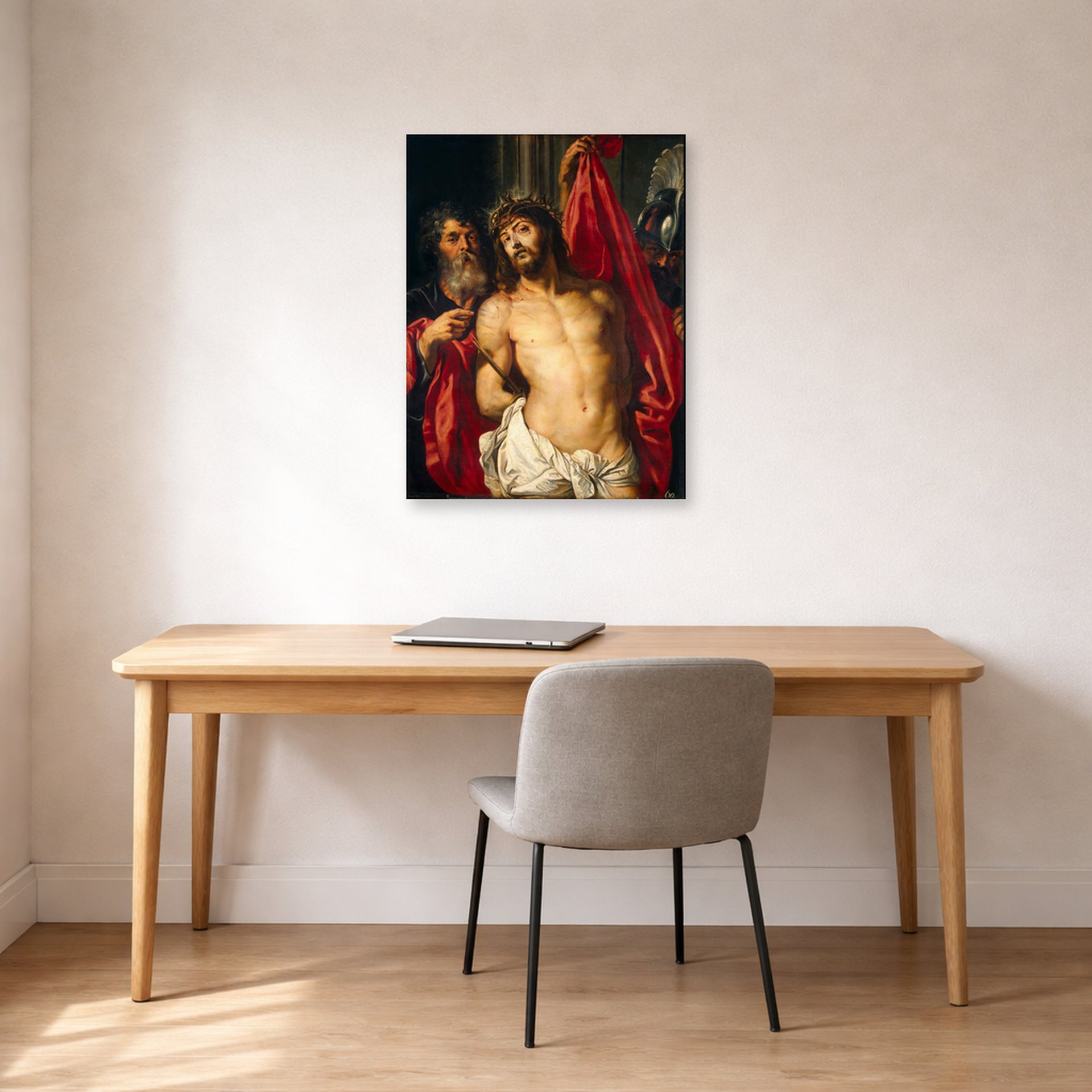 Unframed poster print of Peter Paul Rubens' 'Ecce Homo' displayed on a wall in an office
