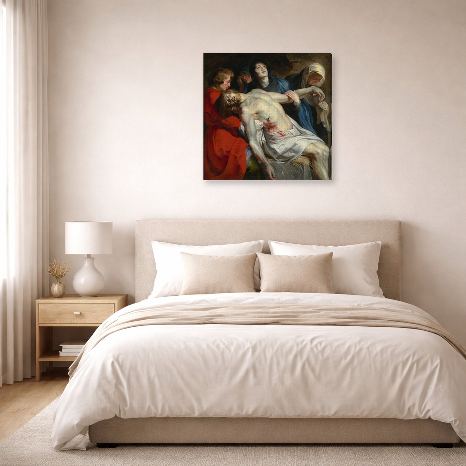 Gallery-wrapped canvas print of Peter Paul Rubens' 'Entombment' displayed on a wall in a bedroom