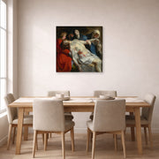Gallery-wrapped canvas print of Peter Paul Rubens' 'Entombment' displayed on a wall in a dining room