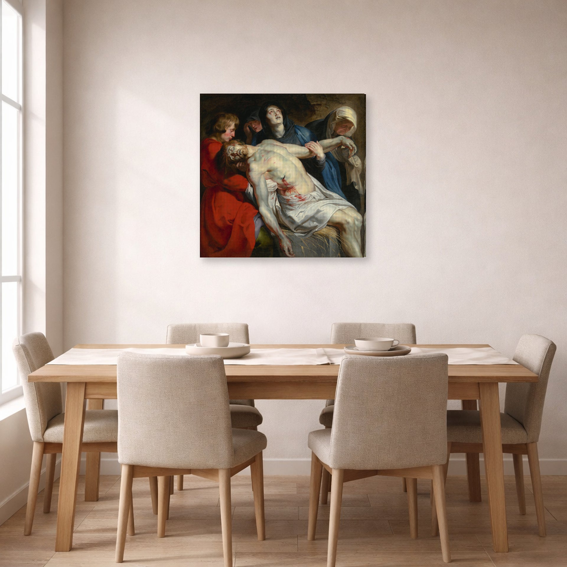 Gallery-wrapped canvas print of Peter Paul Rubens' 'Entombment' displayed on a wall in a dining room