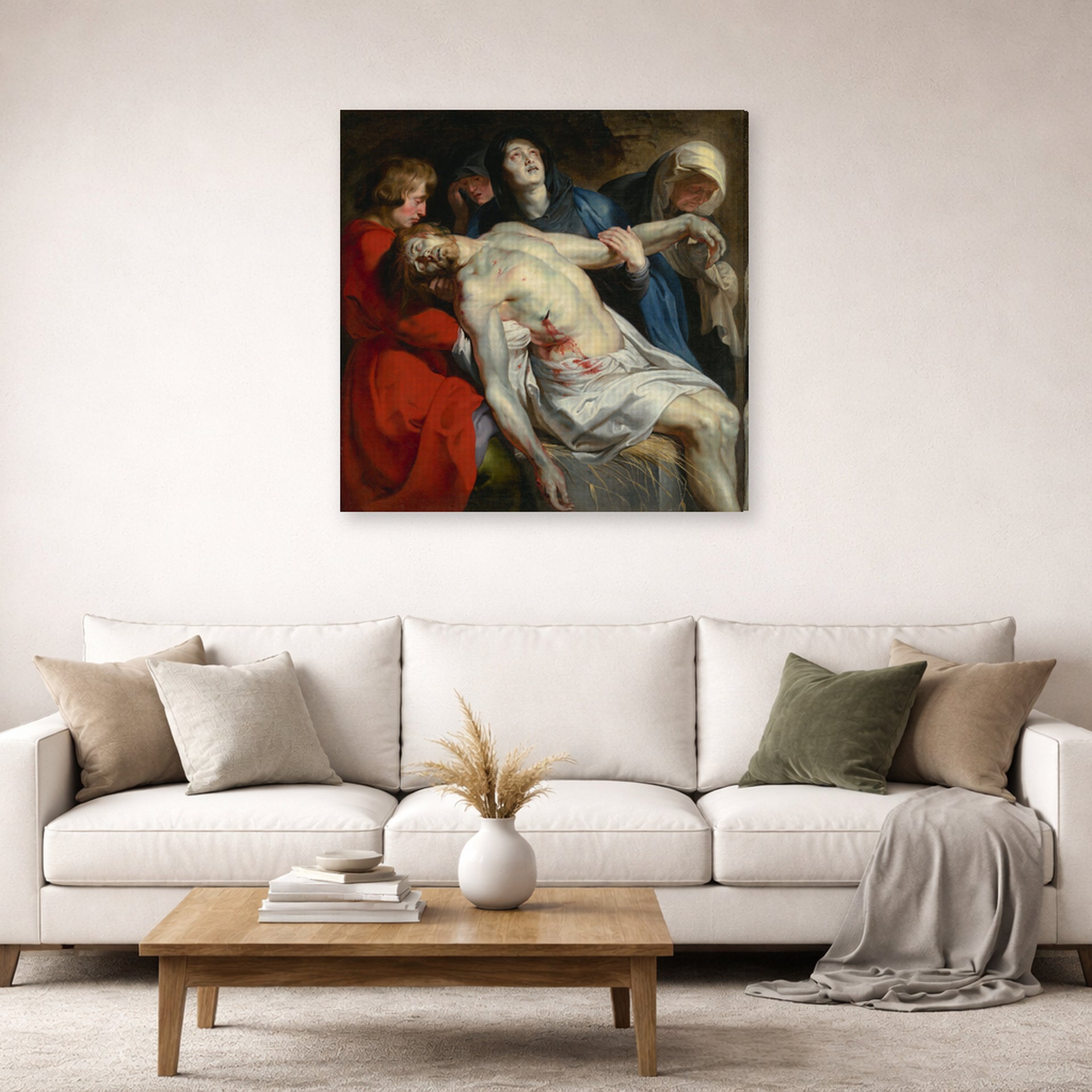 Gallery-wrapped canvas print of Peter Paul Rubens' 'Entombment' displayed on a wall in a living room (image 2 of 2)