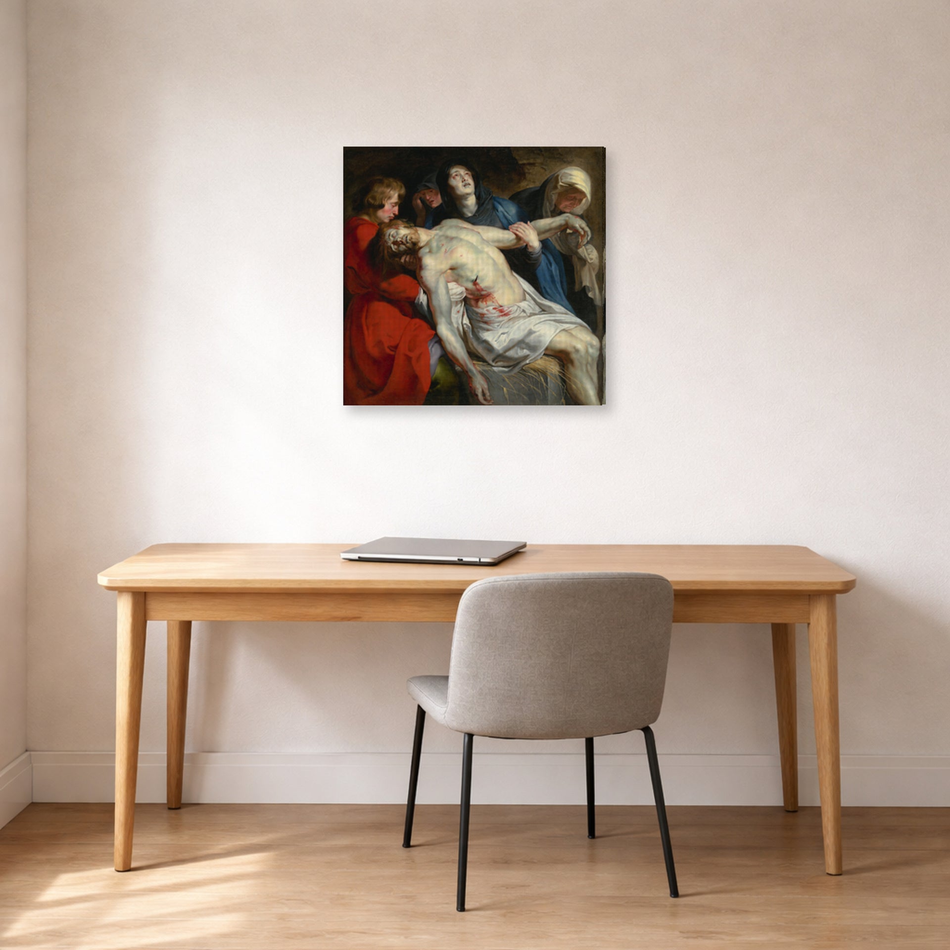 Gallery-wrapped canvas print of Peter Paul Rubens' 'Entombment' displayed on a wall in an office