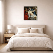 Unframed poster print of Peter Paul Rubens' 'Entombment' displayed on a wall in a bedroom