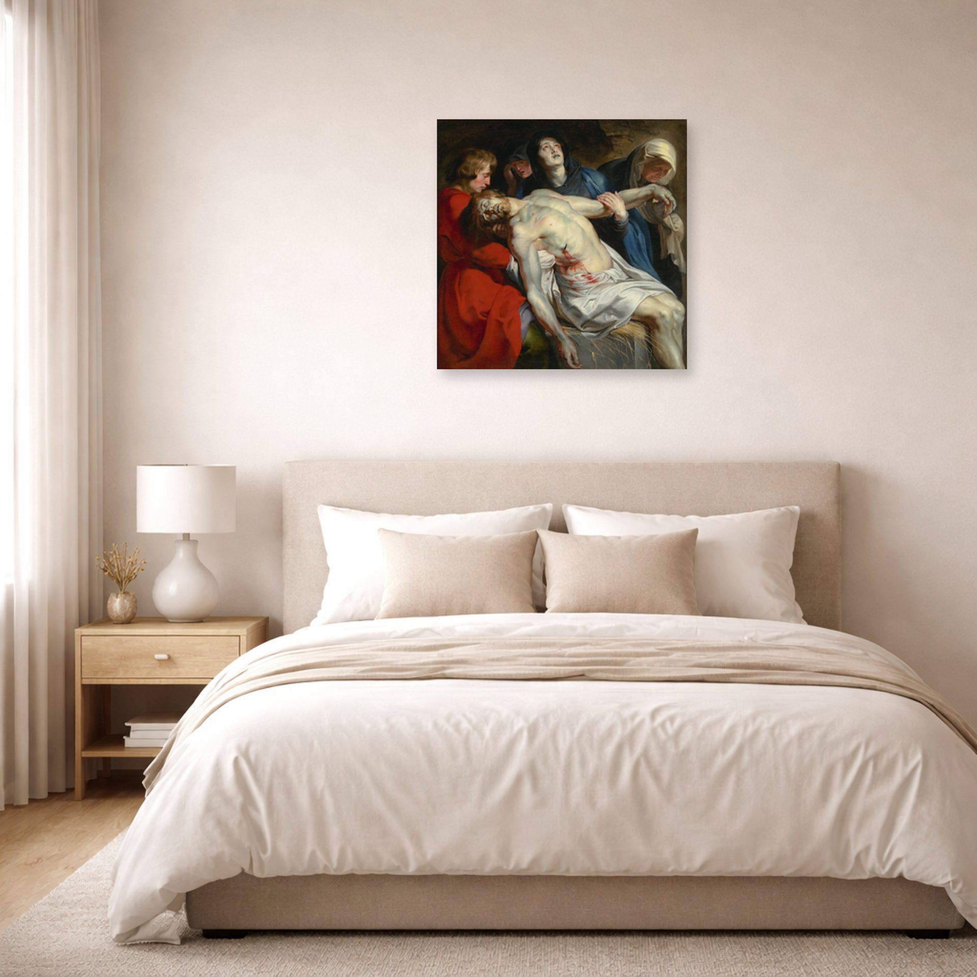 Unframed poster print of Peter Paul Rubens' 'Entombment' displayed on a wall in a bedroom