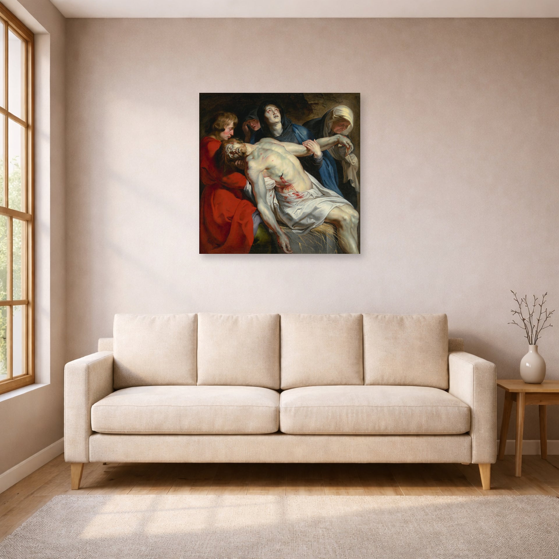 Unframed poster print of Peter Paul Rubens' 'Entombment' displayed on a wall in a living room (image 1 of 2)