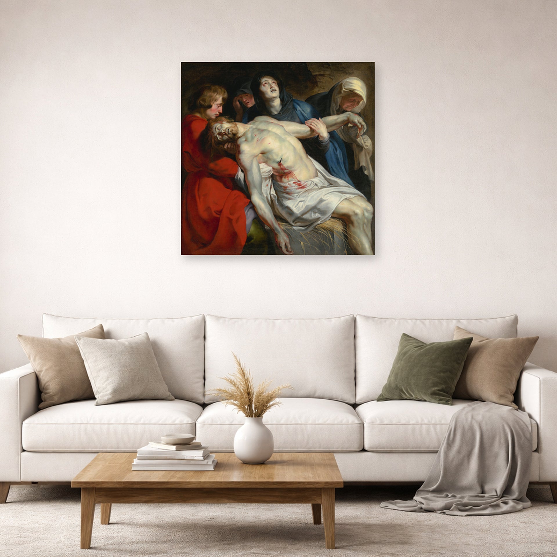 Unframed poster print of Peter Paul Rubens' 'Entombment' displayed on a wall in a living room (image 2 of 2)