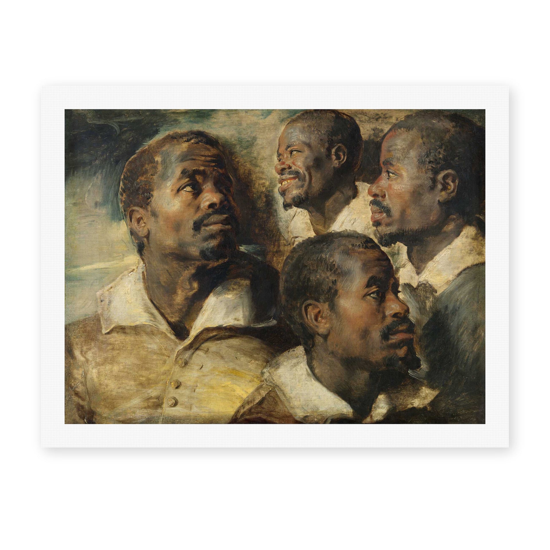 Peter Paul Rubens' 'Four Studies of the head of a Moore' painting reproduced as a rolled canvas print