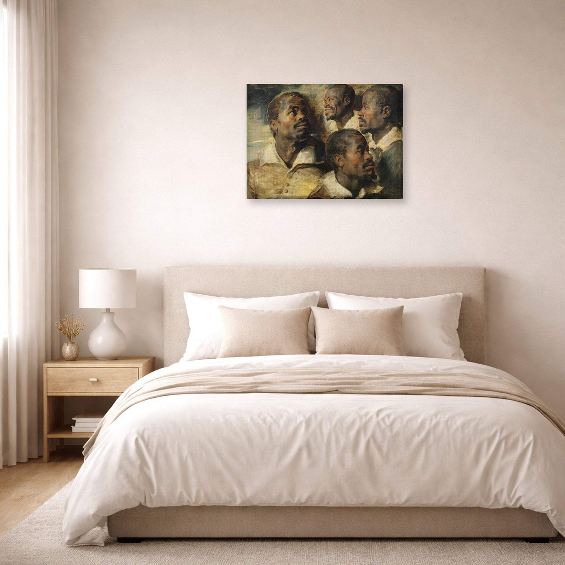 Gallery-wrapped canvas print of Peter Paul Rubens' 'Four Studies of the head of a Moore' displayed on a wall in a bedroom