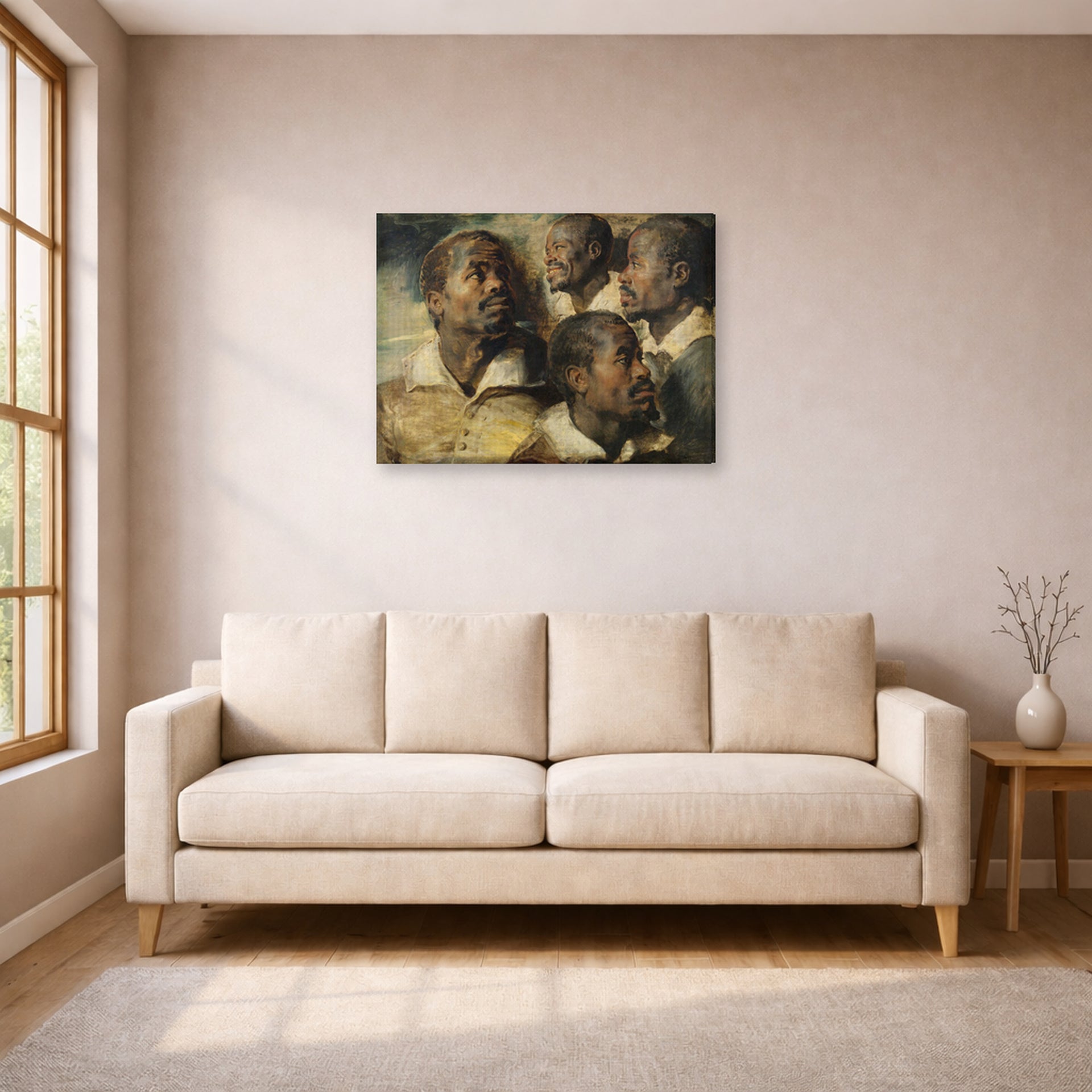 Gallery-wrapped canvas print of Peter Paul Rubens' 'Four Studies of the head of a Moore' displayed on a wall in a living room (image 1 of 2)
