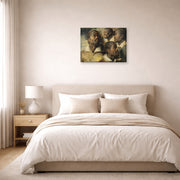 Unframed poster print of Peter Paul Rubens' 'Four Studies of the head of a Moore' displayed on a wall in a bedroom