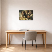 Unframed poster print of Peter Paul Rubens' 'Four Studies of the head of a Moore' displayed on a wall in an office