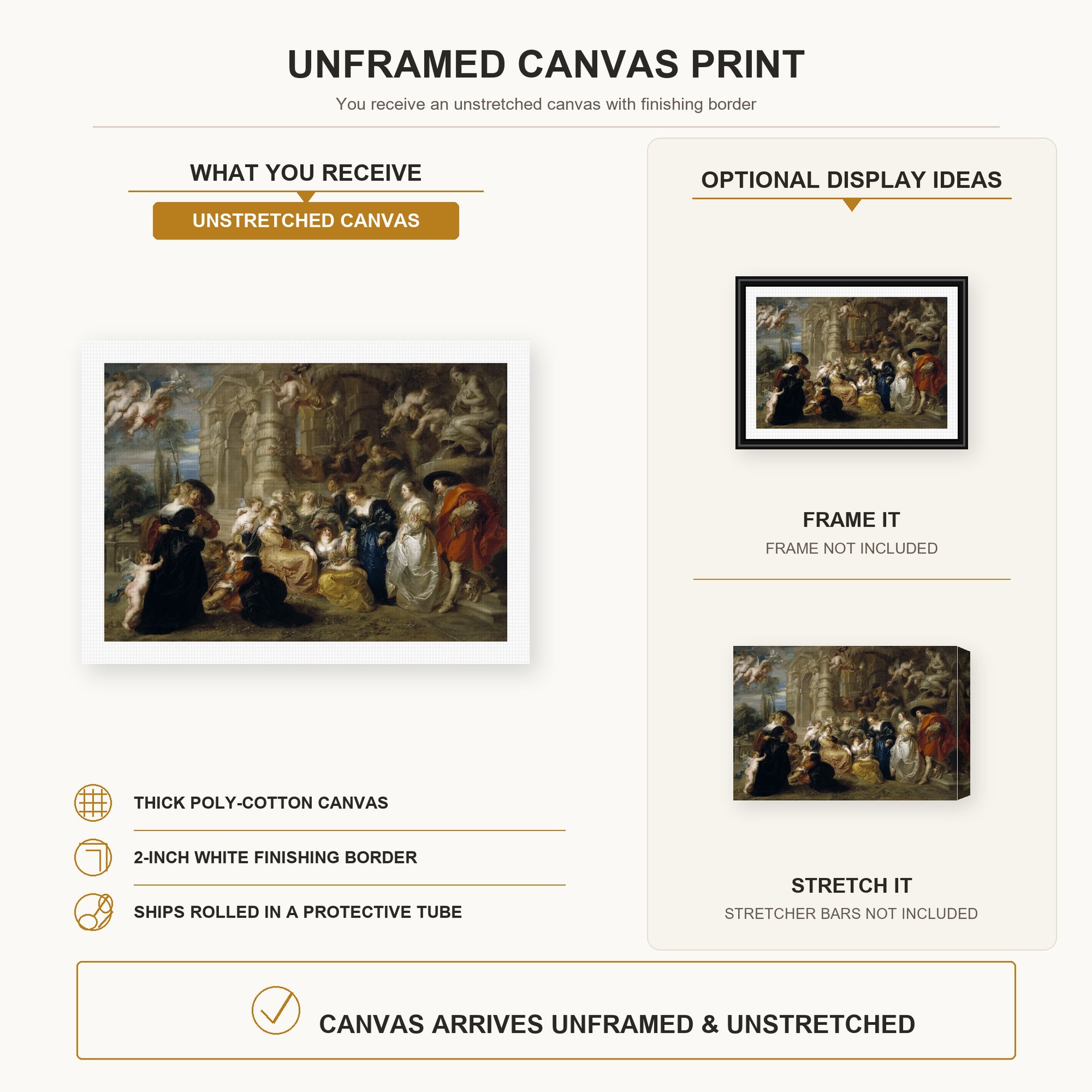Peter Paul Rubens - Love Garden canvas print size comparison and framing display infographic