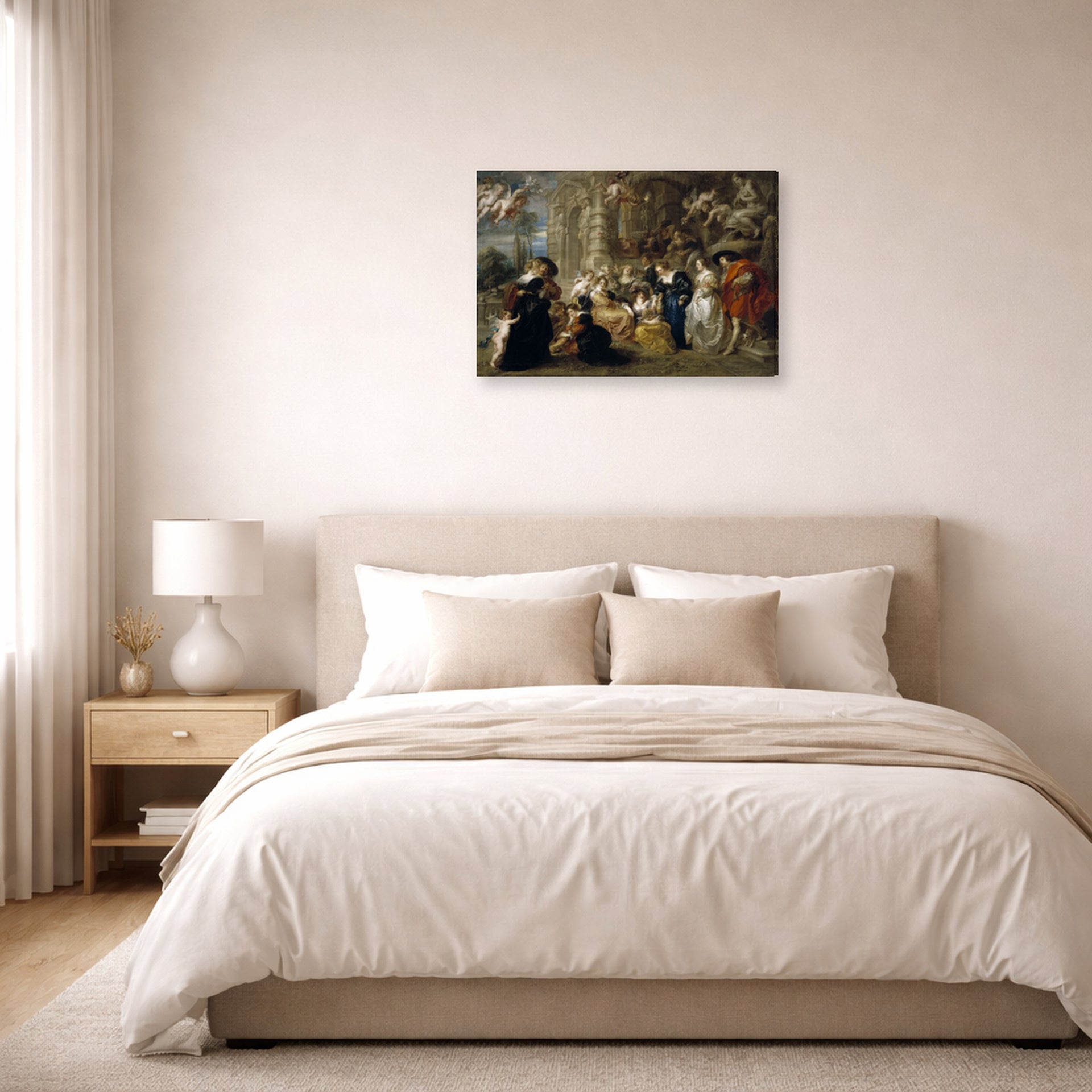 Gallery-wrapped canvas print of Peter Paul Rubens' 'Love Garden' displayed on a wall in a bedroom