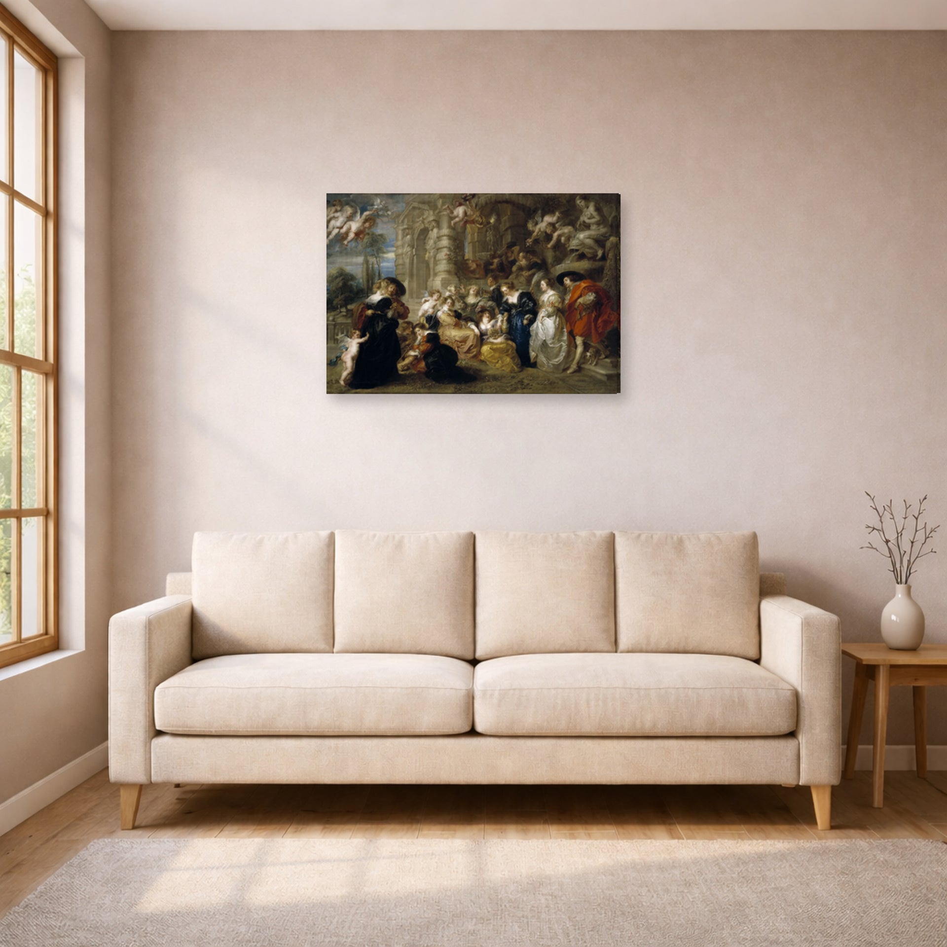 Gallery-wrapped canvas print of Peter Paul Rubens' 'Love Garden' displayed on a wall in a living room (image 1 of 2)