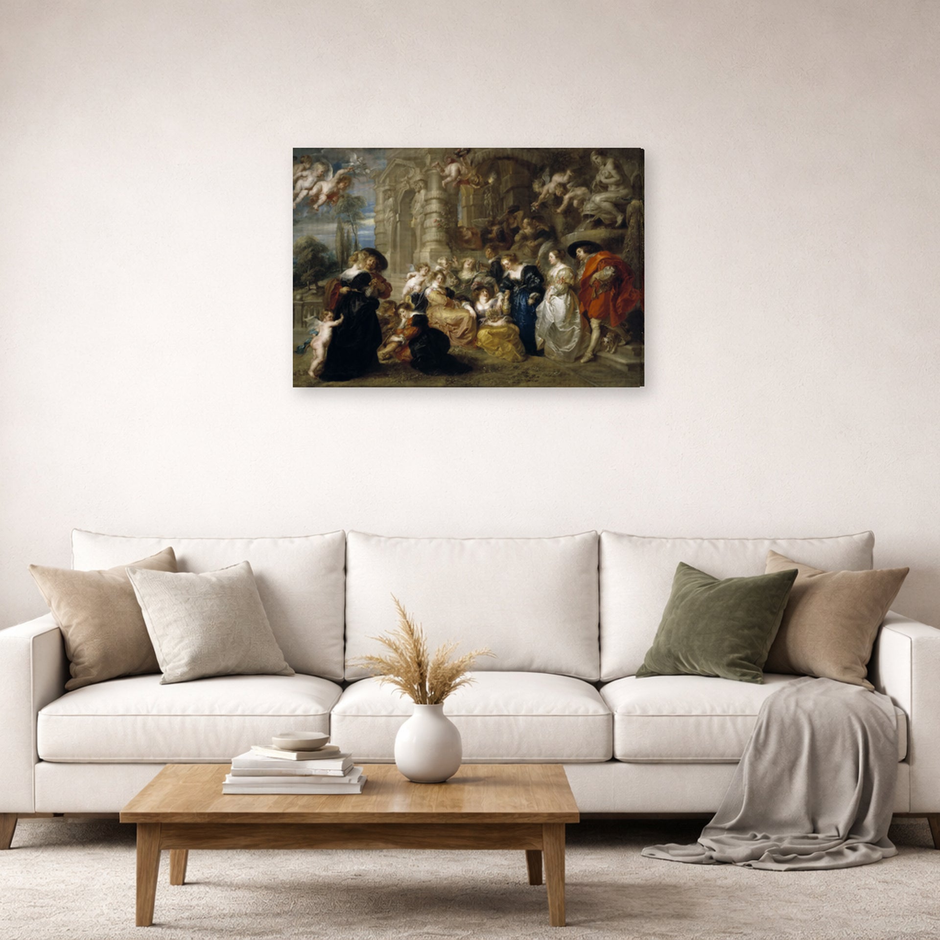 Gallery-wrapped canvas print of Peter Paul Rubens' 'Love Garden' displayed on a wall in a living room (image 2 of 2)