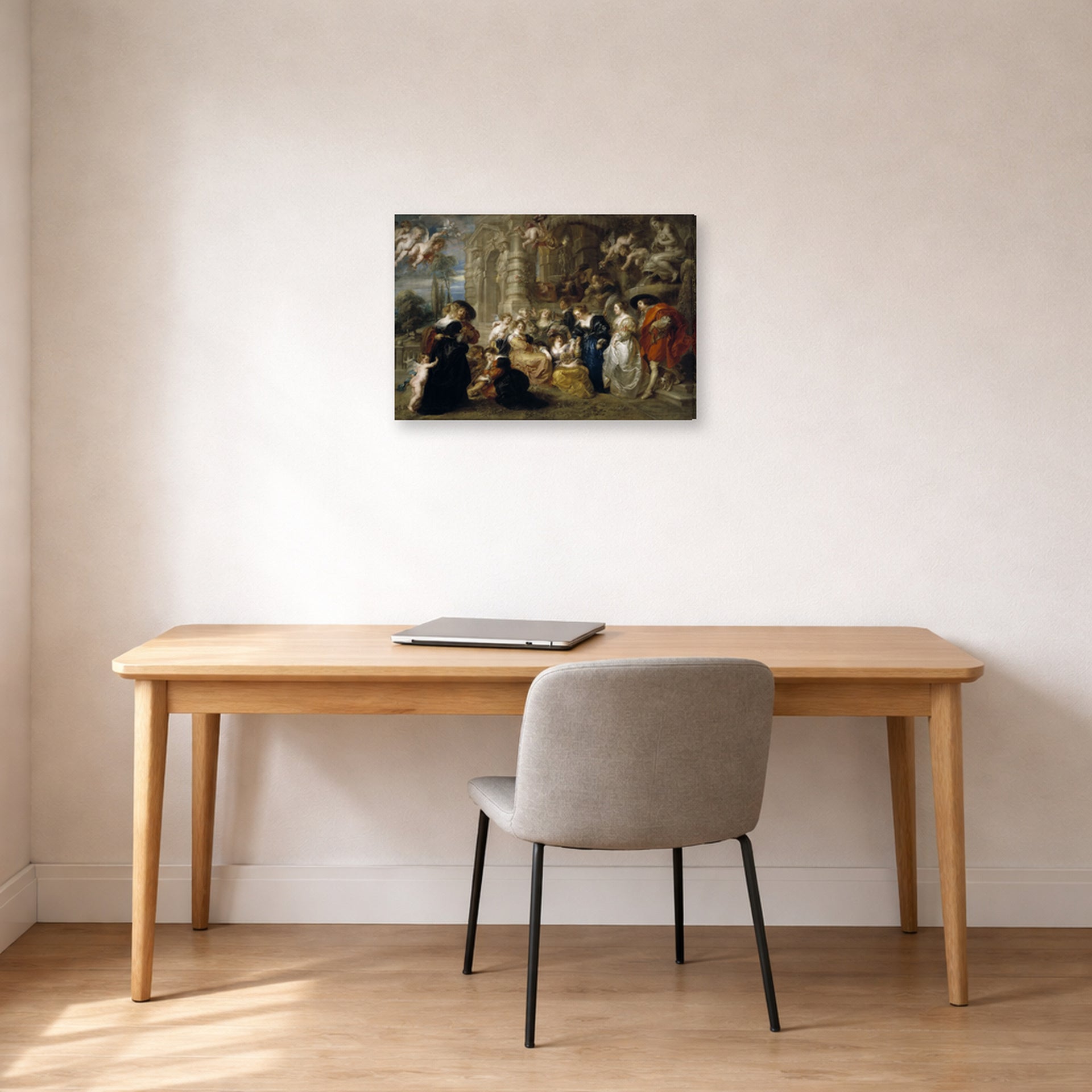 Gallery-wrapped canvas print of Peter Paul Rubens' 'Love Garden' displayed on a wall in an office