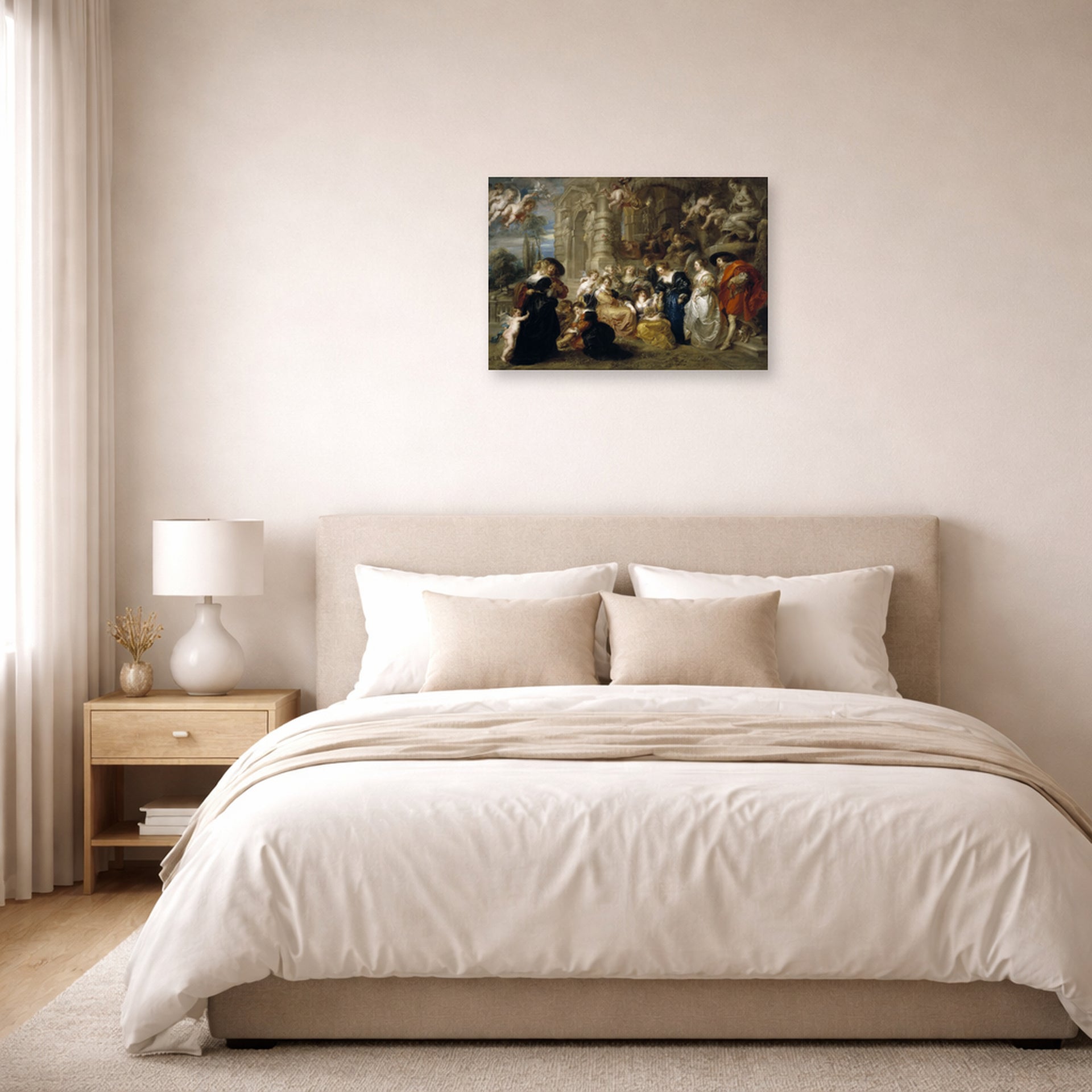 Unframed poster print of Peter Paul Rubens' 'Love Garden' displayed on a wall in a bedroom