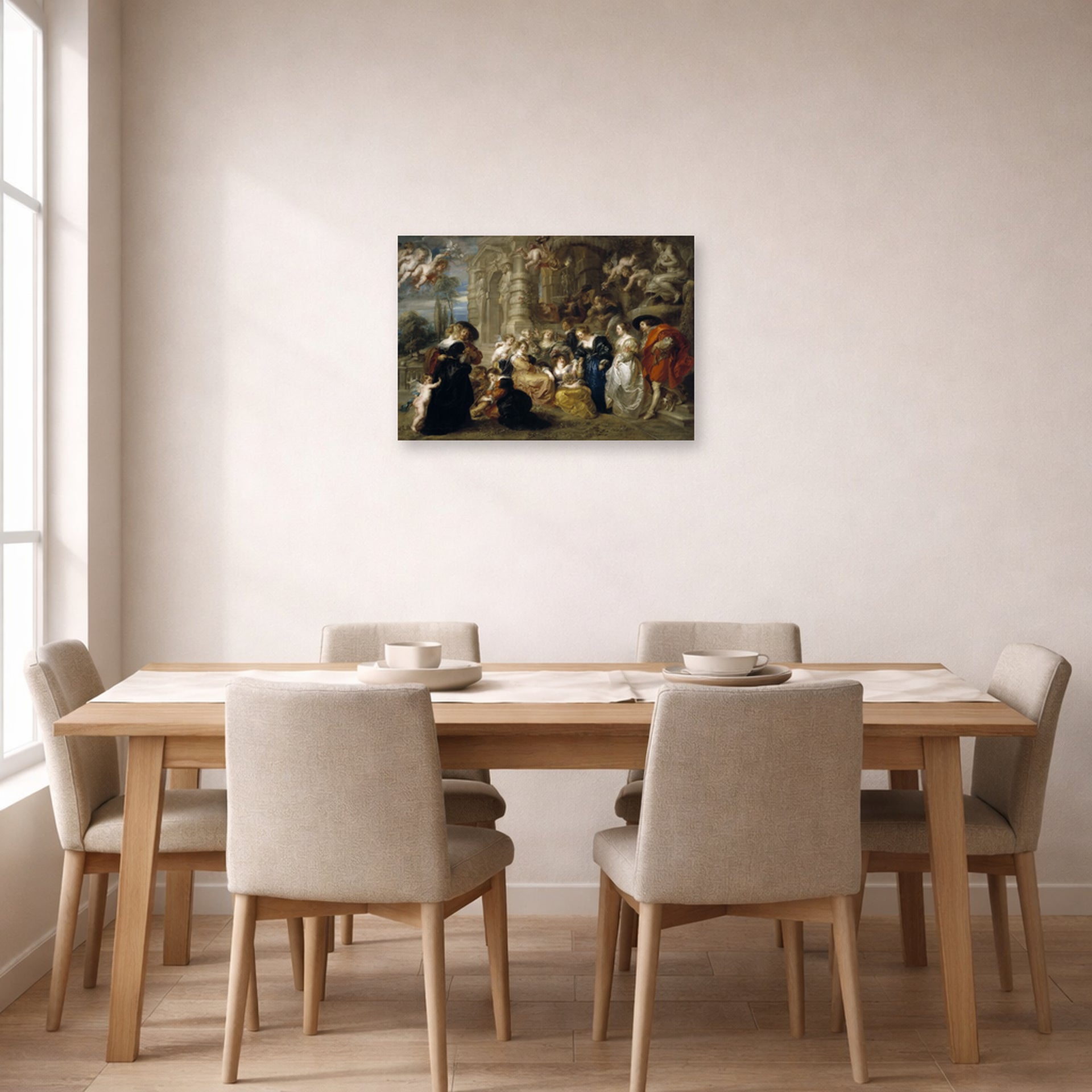Unframed poster print of Peter Paul Rubens' 'Love Garden' displayed on a wall in a dining room