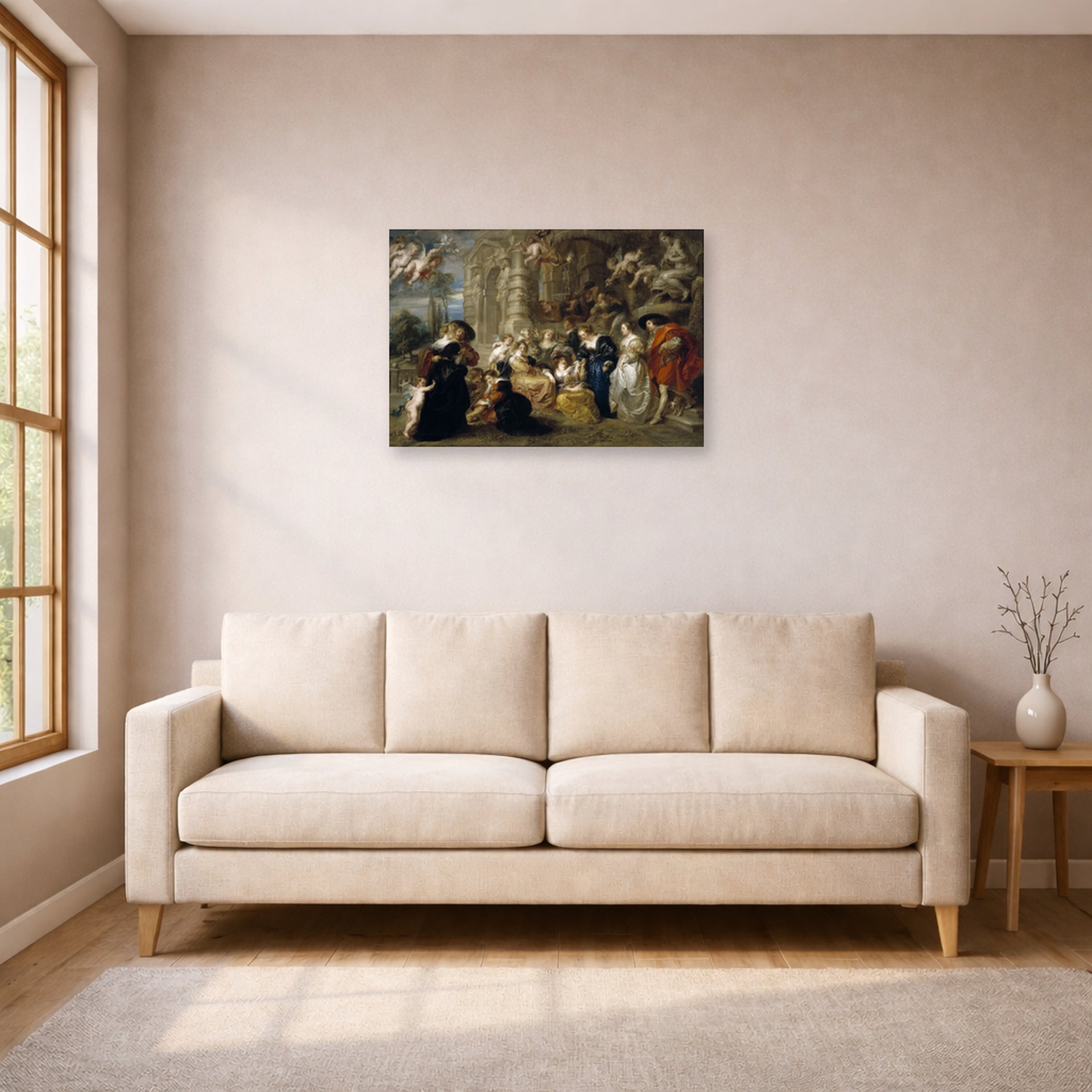 Unframed poster print of Peter Paul Rubens' 'Love Garden' displayed on a wall in a living room (image 1 of 2)