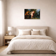 Gallery-wrapped canvas print of Peter Paul Rubens' 'Pan and Syrinx' displayed on a wall in a bedroom