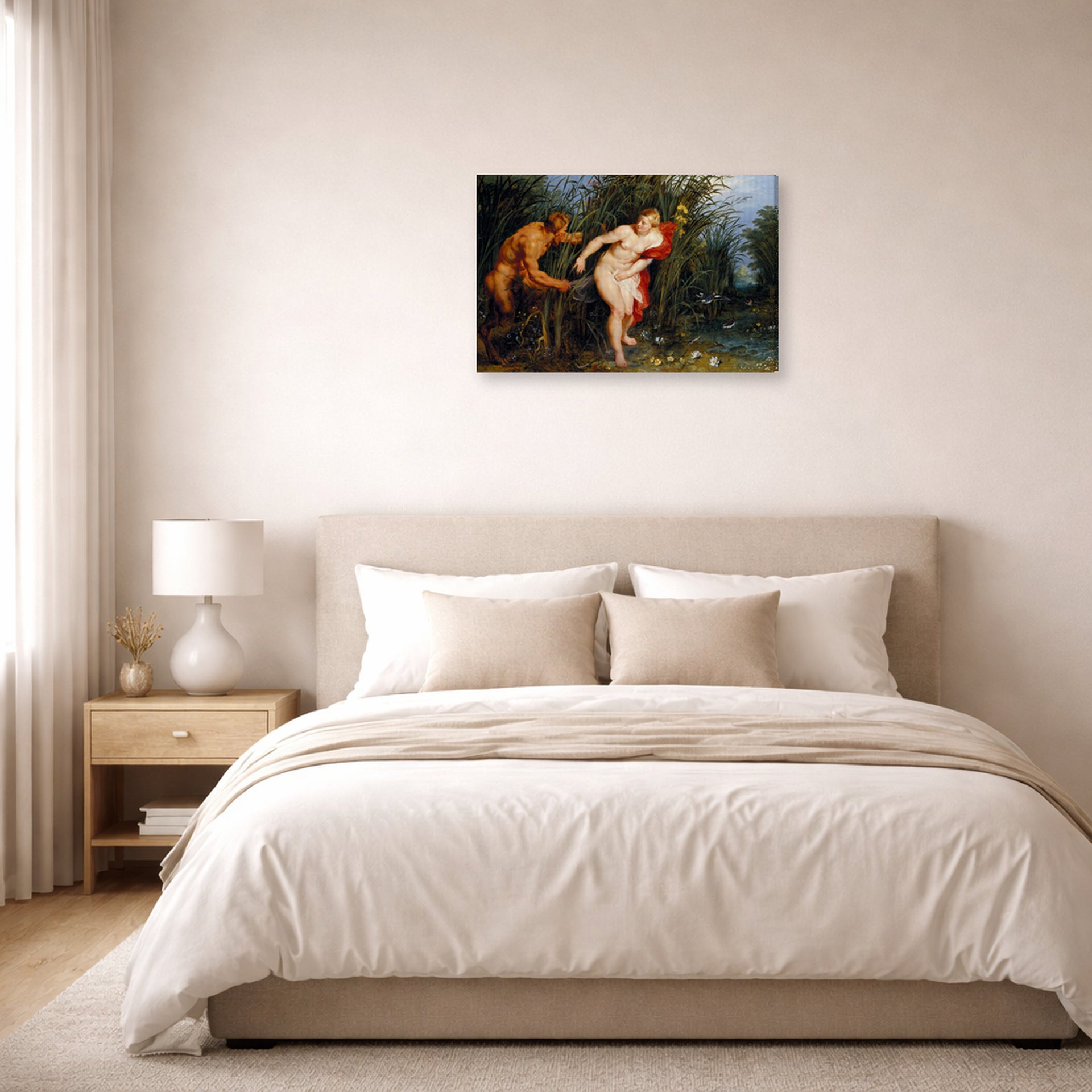 Gallery-wrapped canvas print of Peter Paul Rubens' 'Pan and Syrinx' displayed on a wall in a bedroom