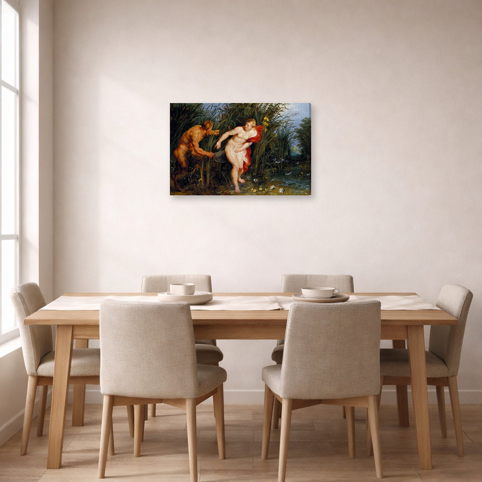 Gallery-wrapped canvas print of Peter Paul Rubens' 'Pan and Syrinx' displayed on a wall in a dining room