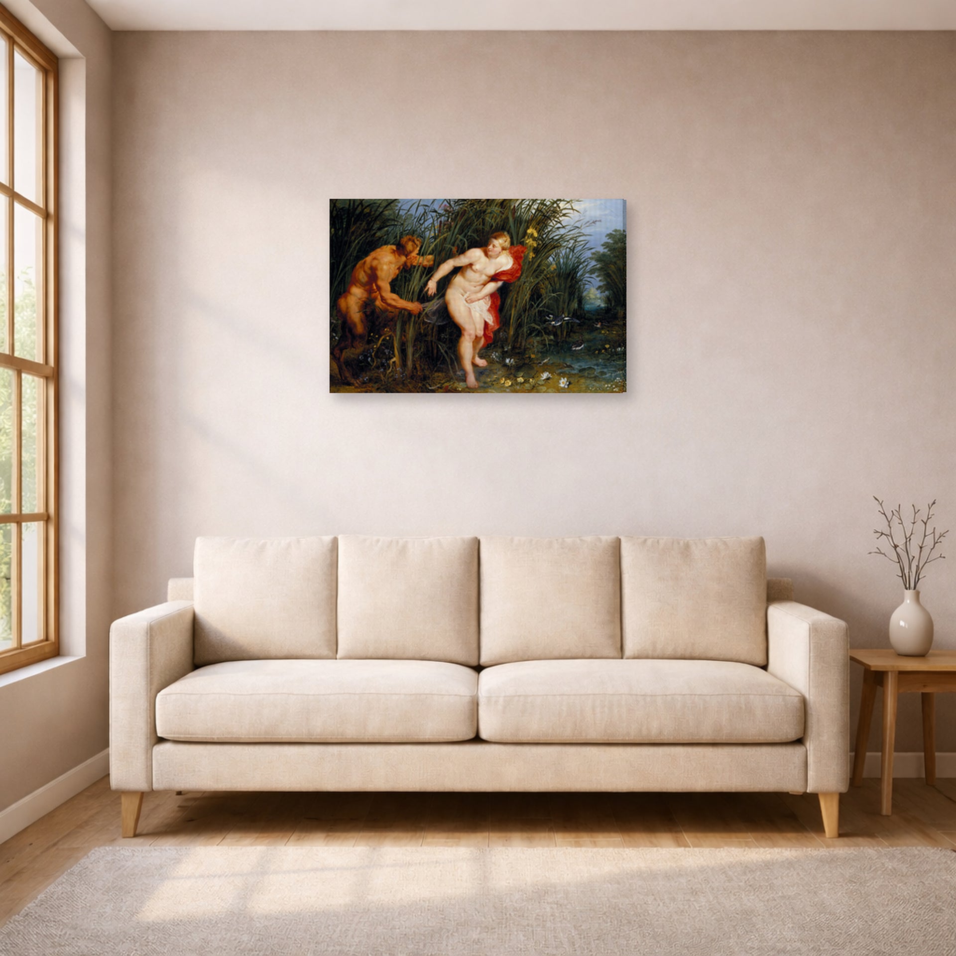 Gallery-wrapped canvas print of Peter Paul Rubens' 'Pan and Syrinx' displayed on a wall in a living room (image 1 of 2)