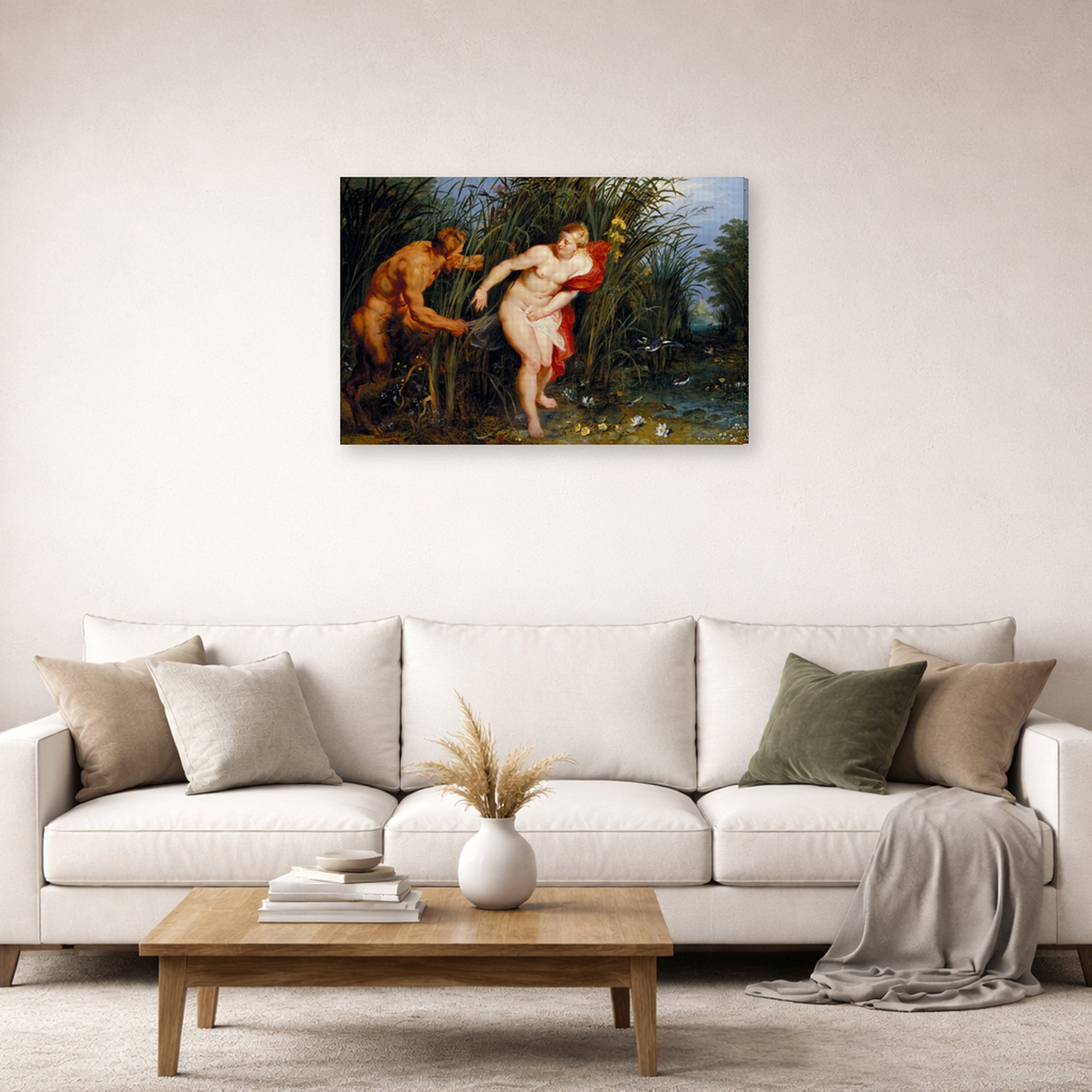 Gallery-wrapped canvas print of Peter Paul Rubens' 'Pan and Syrinx' displayed on a wall in a living room (image 2 of 2)