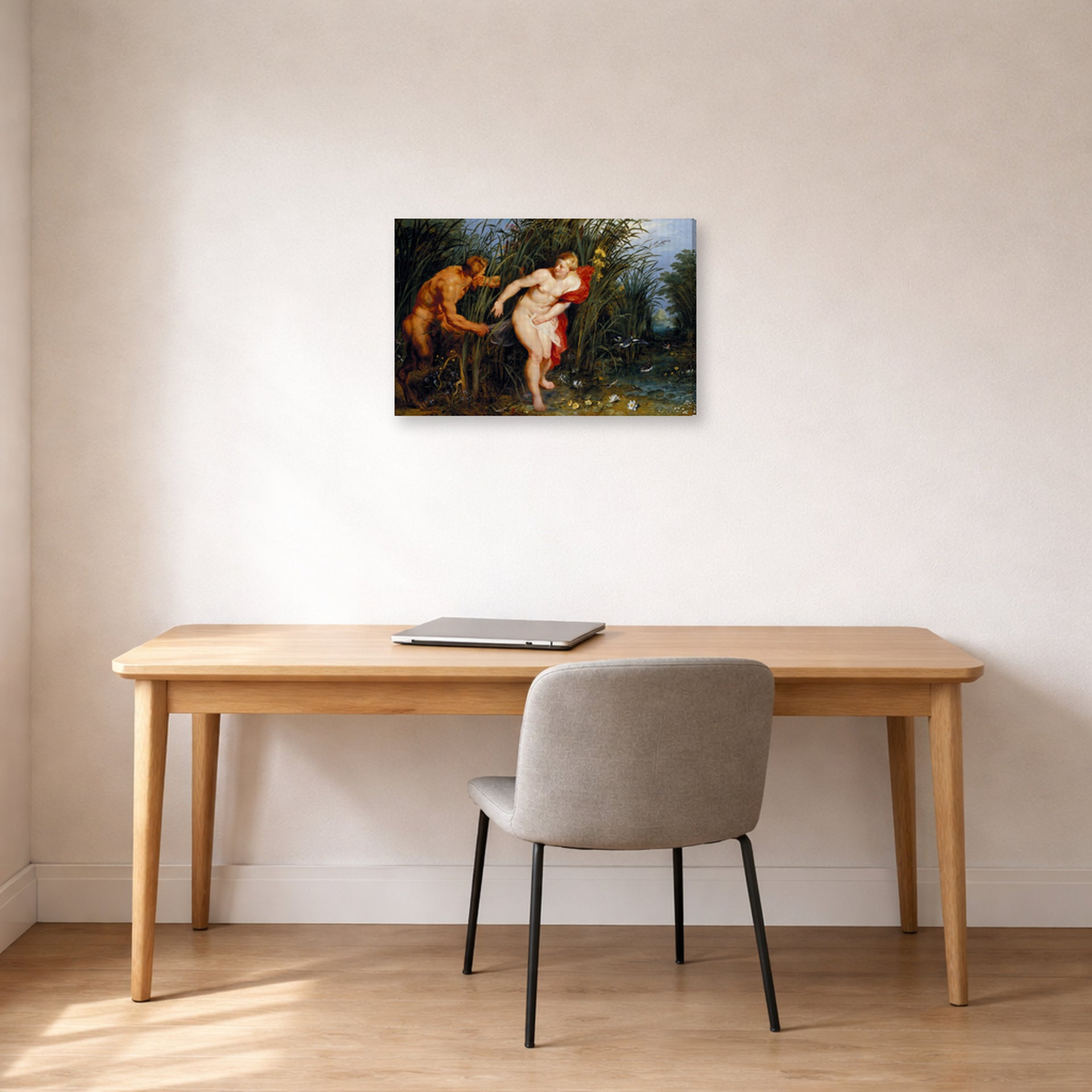 Gallery-wrapped canvas print of Peter Paul Rubens' 'Pan and Syrinx' displayed on a wall in an office