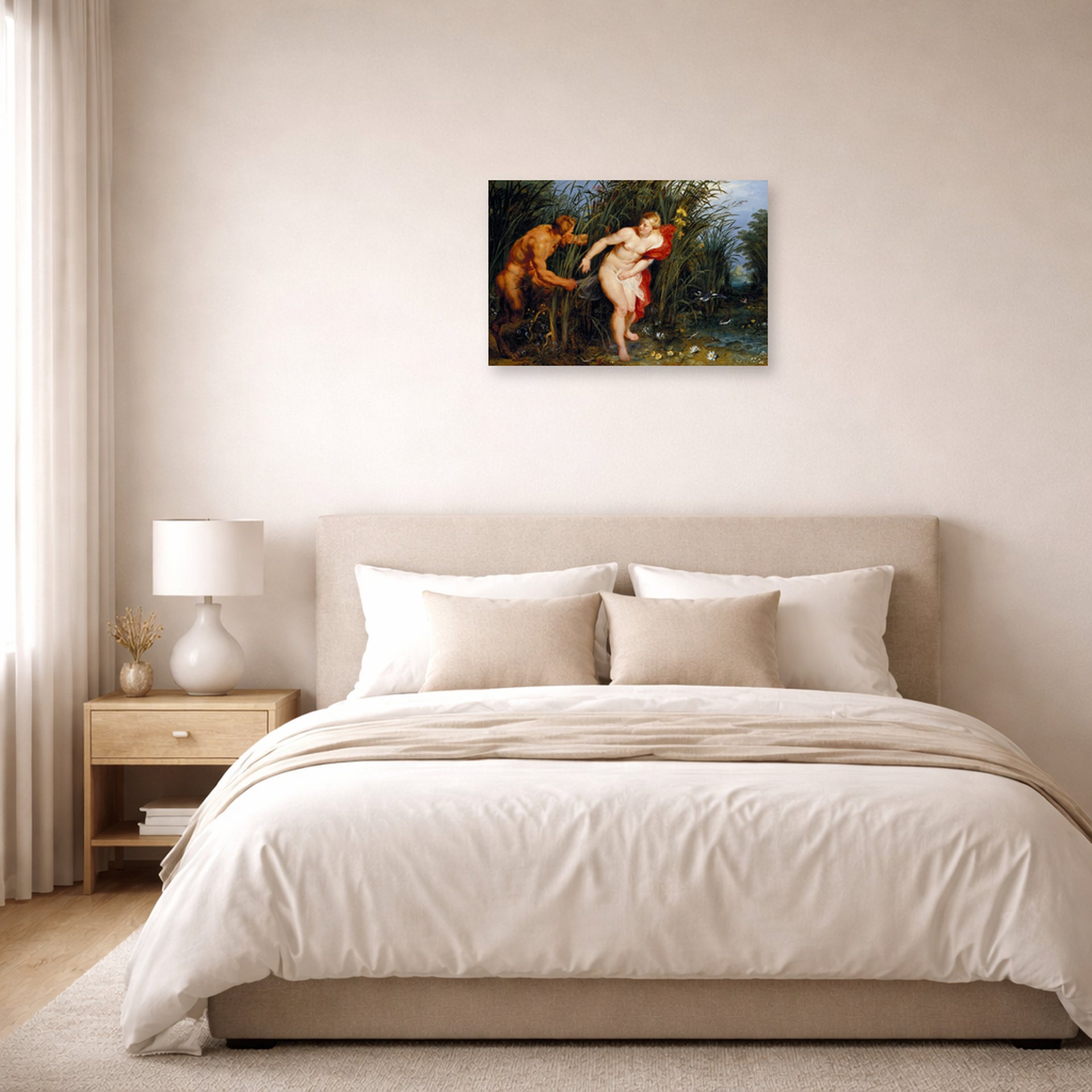 Unframed poster print of Peter Paul Rubens' 'Pan and Syrinx' displayed on a wall in a bedroom