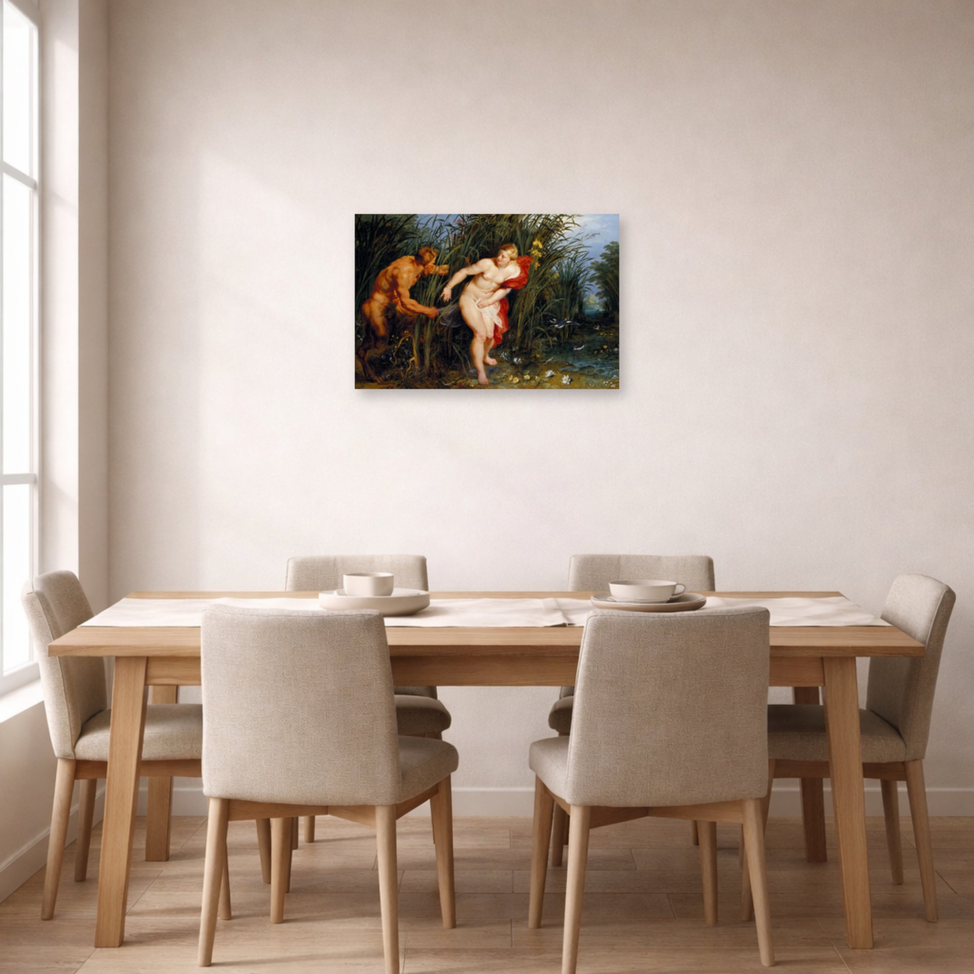 Unframed poster print of Peter Paul Rubens' 'Pan and Syrinx' displayed on a wall in a dining room