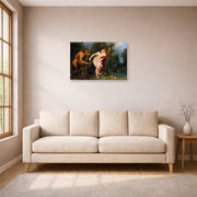 Unframed poster print of Peter Paul Rubens' 'Pan and Syrinx' displayed on a wall in a living room (image 1 of 2)