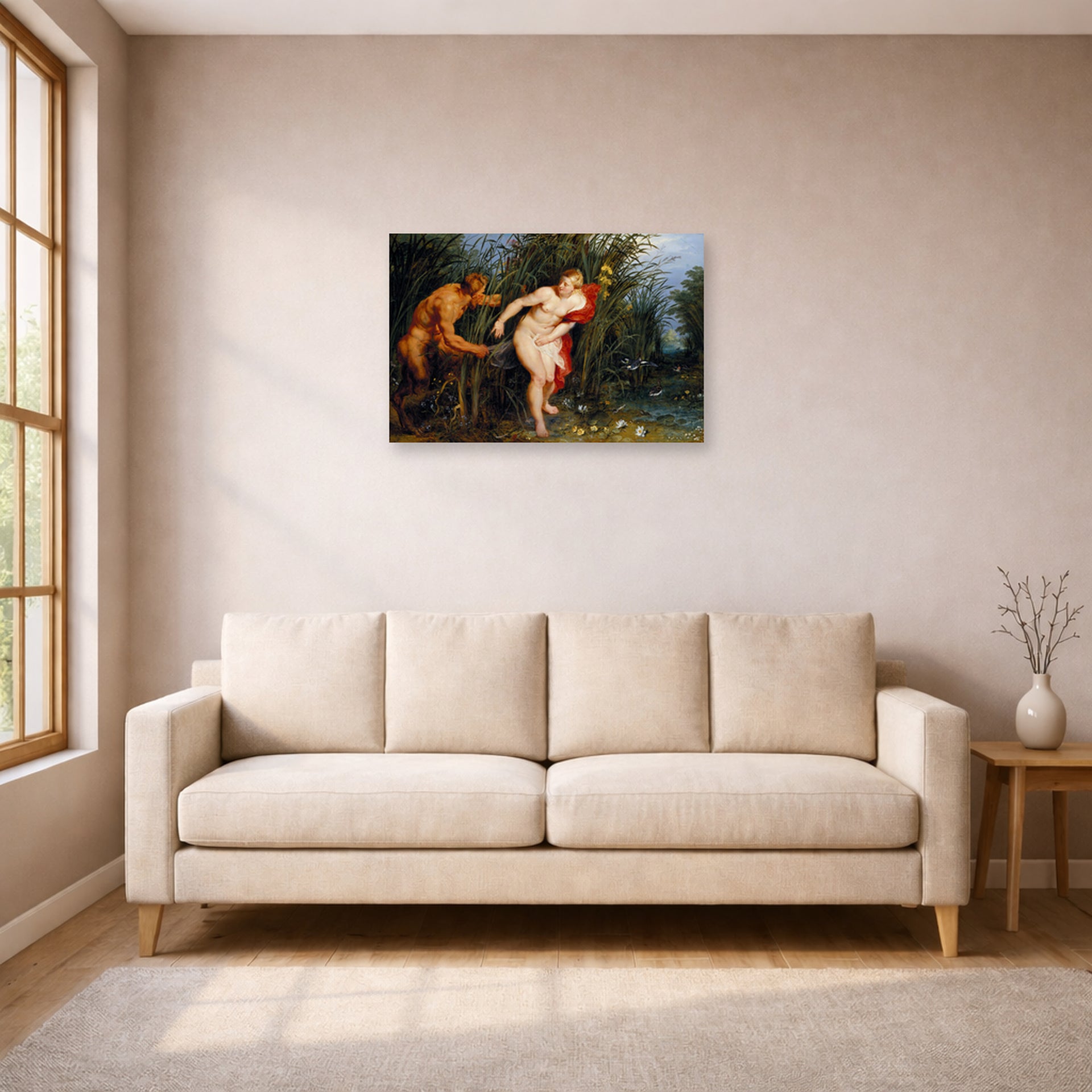 Unframed poster print of Peter Paul Rubens' 'Pan and Syrinx' displayed on a wall in a living room (image 1 of 2)