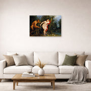 Unframed poster print of Peter Paul Rubens' 'Pan and Syrinx' displayed on a wall in a living room (image 2 of 2)
