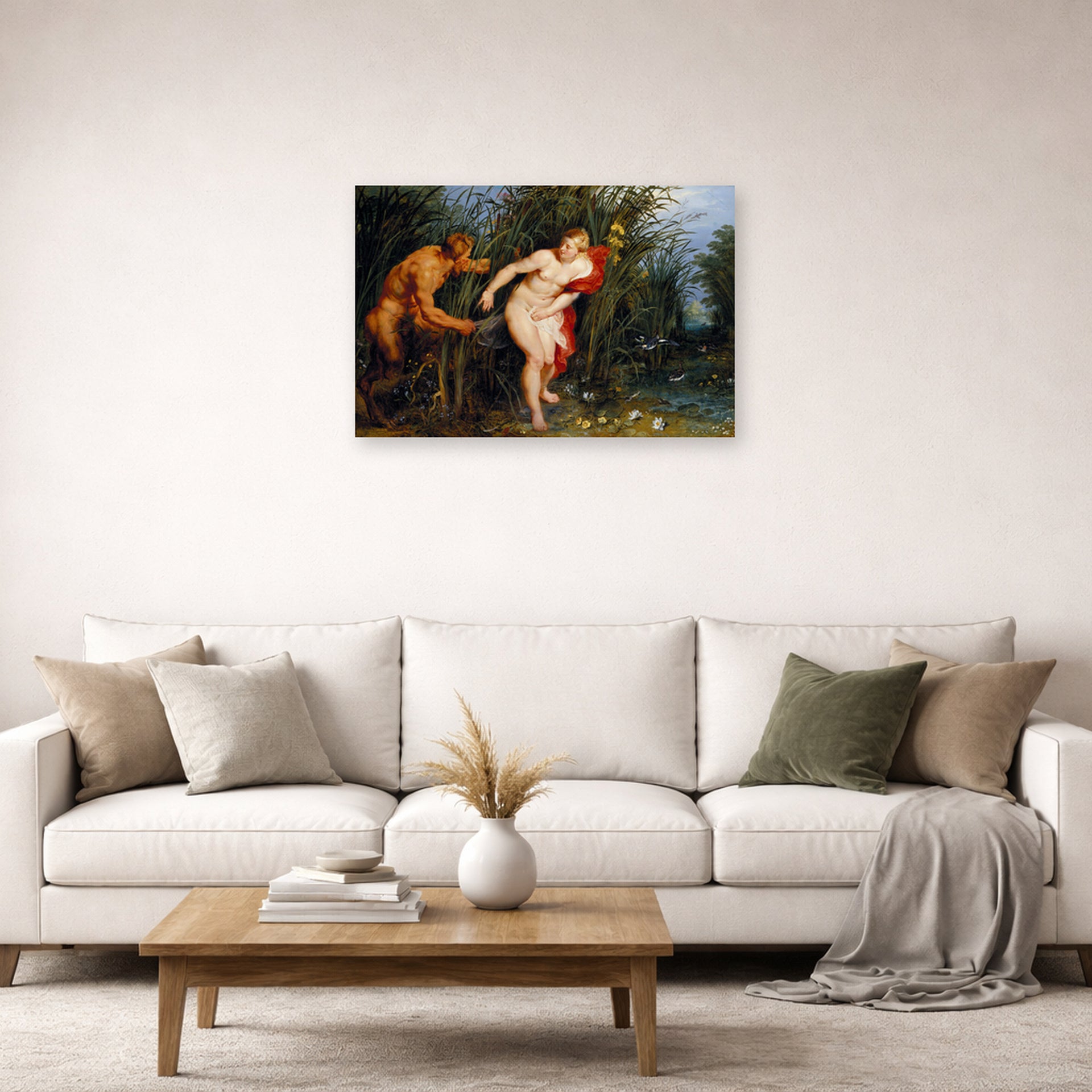 Unframed poster print of Peter Paul Rubens' 'Pan and Syrinx' displayed on a wall in a living room (image 2 of 2)