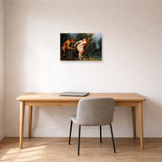 Unframed poster print of Peter Paul Rubens' 'Pan and Syrinx' displayed on a wall in an office