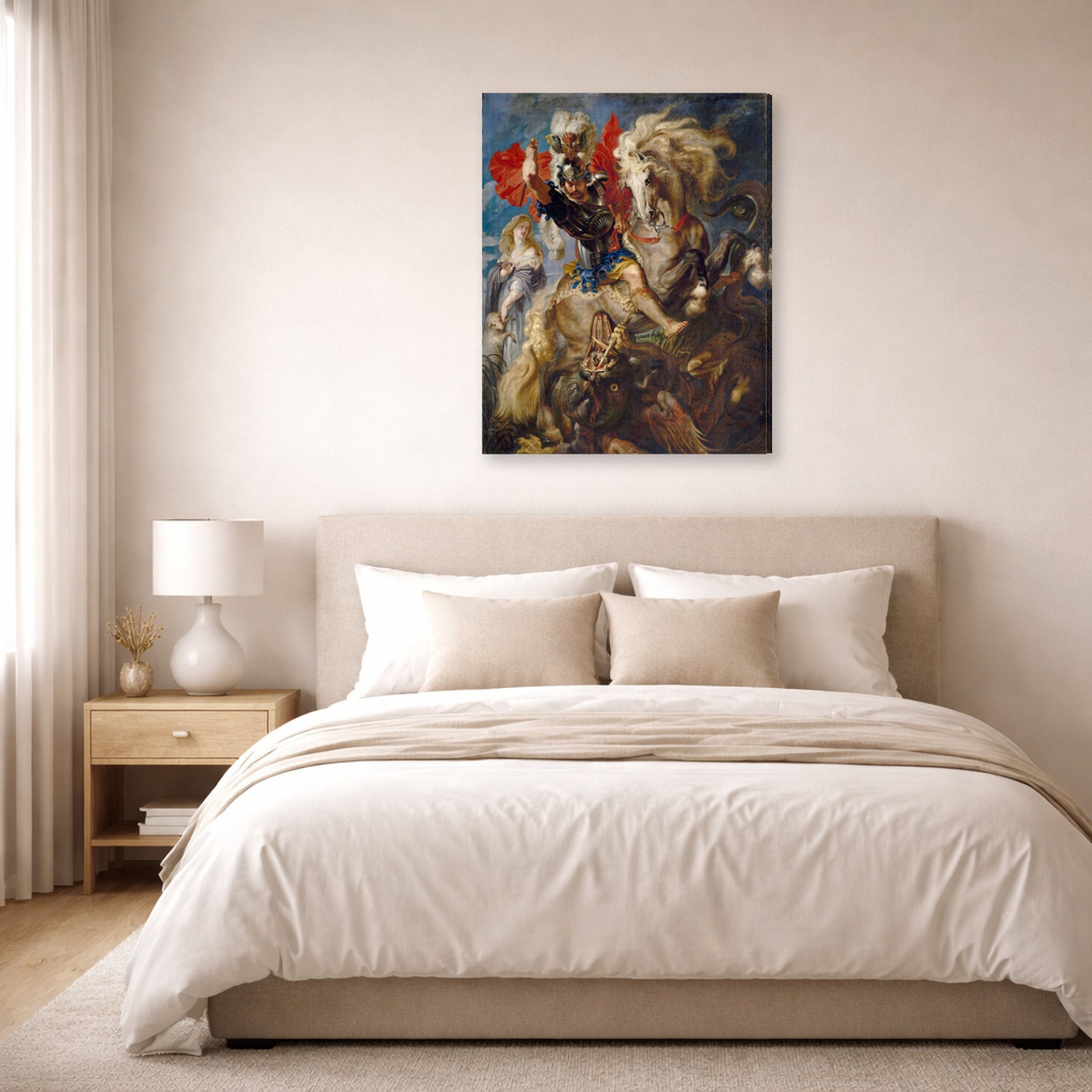 Gallery-wrapped canvas print of Peter Paul Rubens' 'Saint George and the Dragon' displayed on a wall in a bedroom