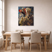 Gallery-wrapped canvas print of Peter Paul Rubens' 'Saint George and the Dragon' displayed on a wall in a dining room