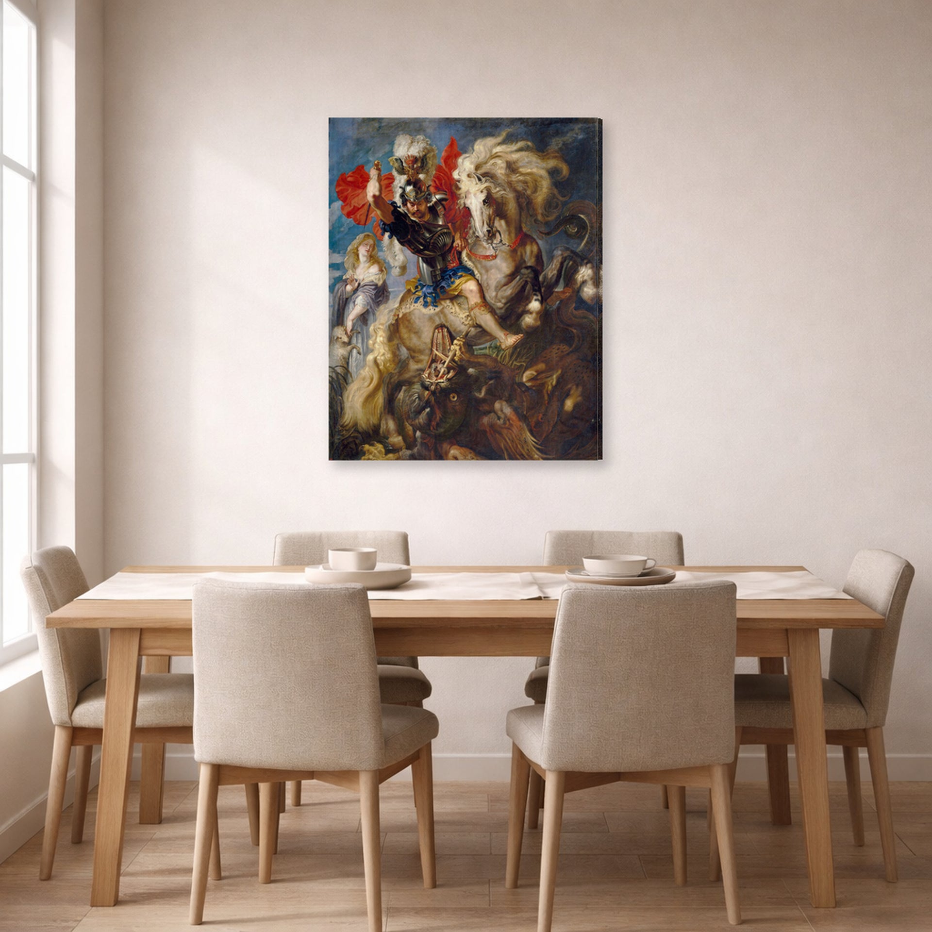 Gallery-wrapped canvas print of Peter Paul Rubens' 'Saint George and the Dragon' displayed on a wall in a dining room