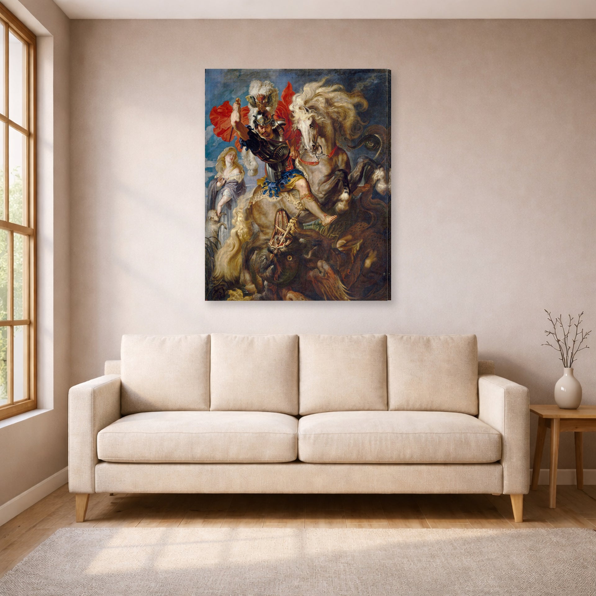 Gallery-wrapped canvas print of Peter Paul Rubens' 'Saint George and the Dragon' displayed on a wall in a living room (image 1 of 2)
