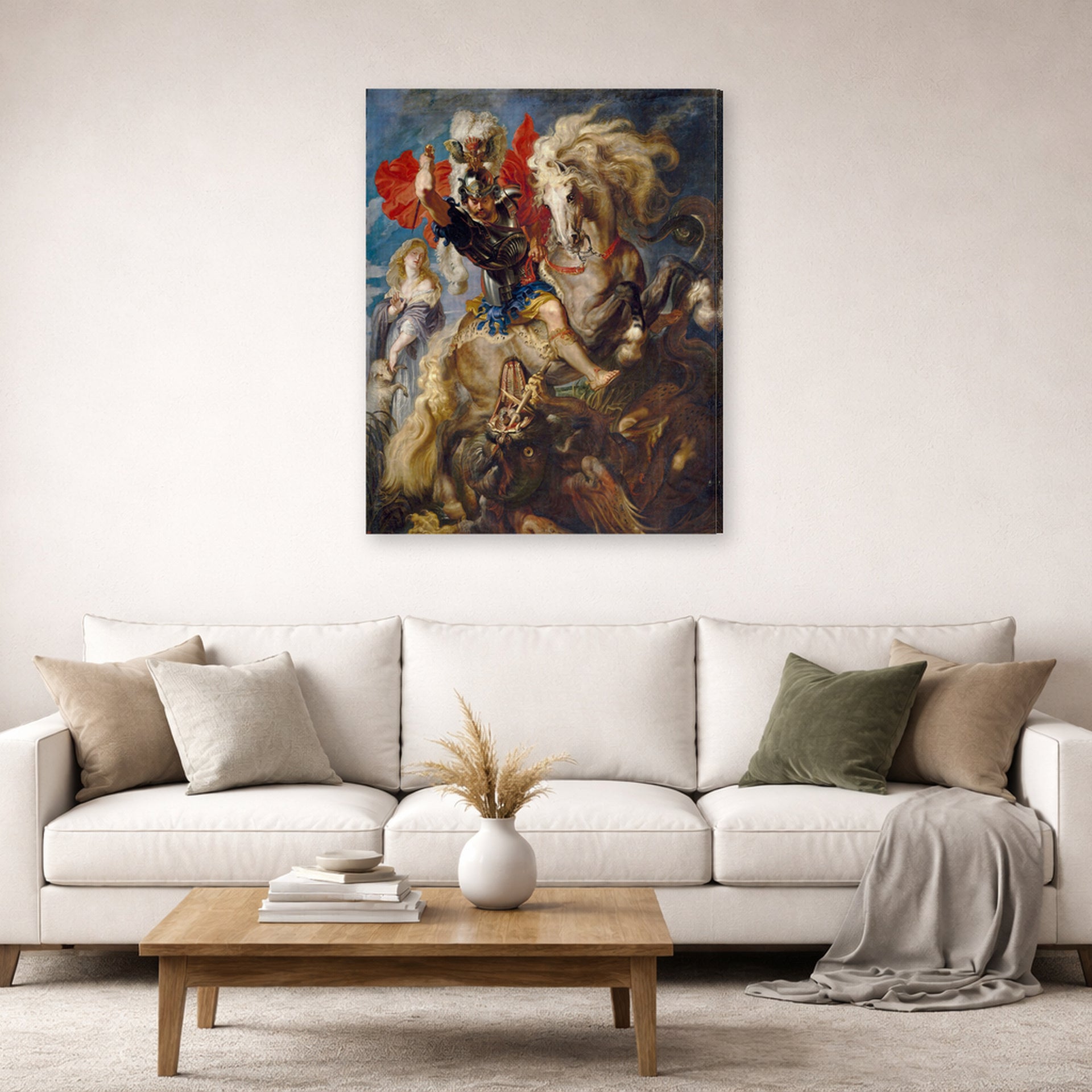 Gallery-wrapped canvas print of Peter Paul Rubens' 'Saint George and the Dragon' displayed on a wall in a living room (image 2 of 2)