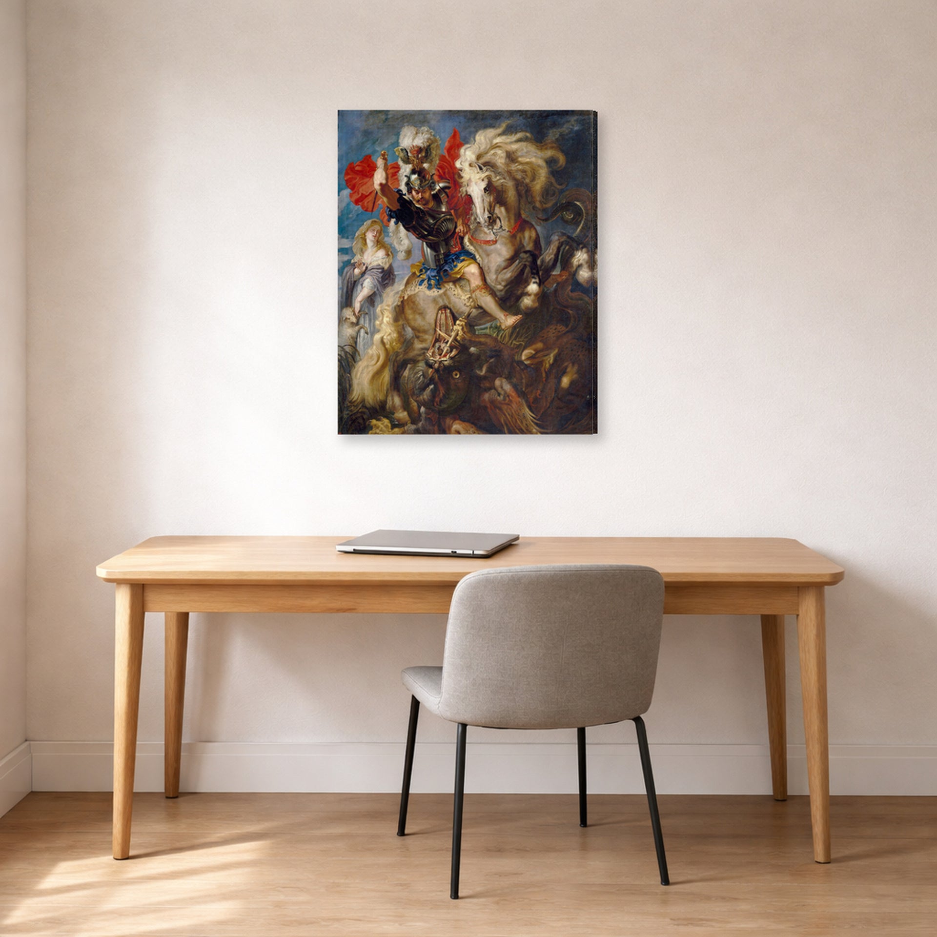 Gallery-wrapped canvas print of Peter Paul Rubens' 'Saint George and the Dragon' displayed on a wall in an office