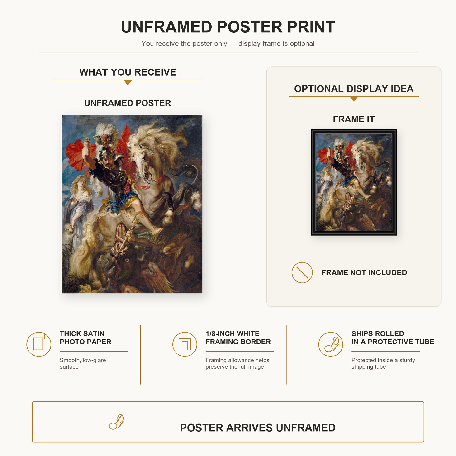 Peter Paul Rubens - Saint George and the Dragon poster print size comparison and framing display infographic
