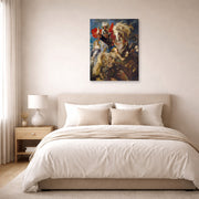Unframed poster print of Peter Paul Rubens' 'Saint George and the Dragon' displayed on a wall in a bedroom