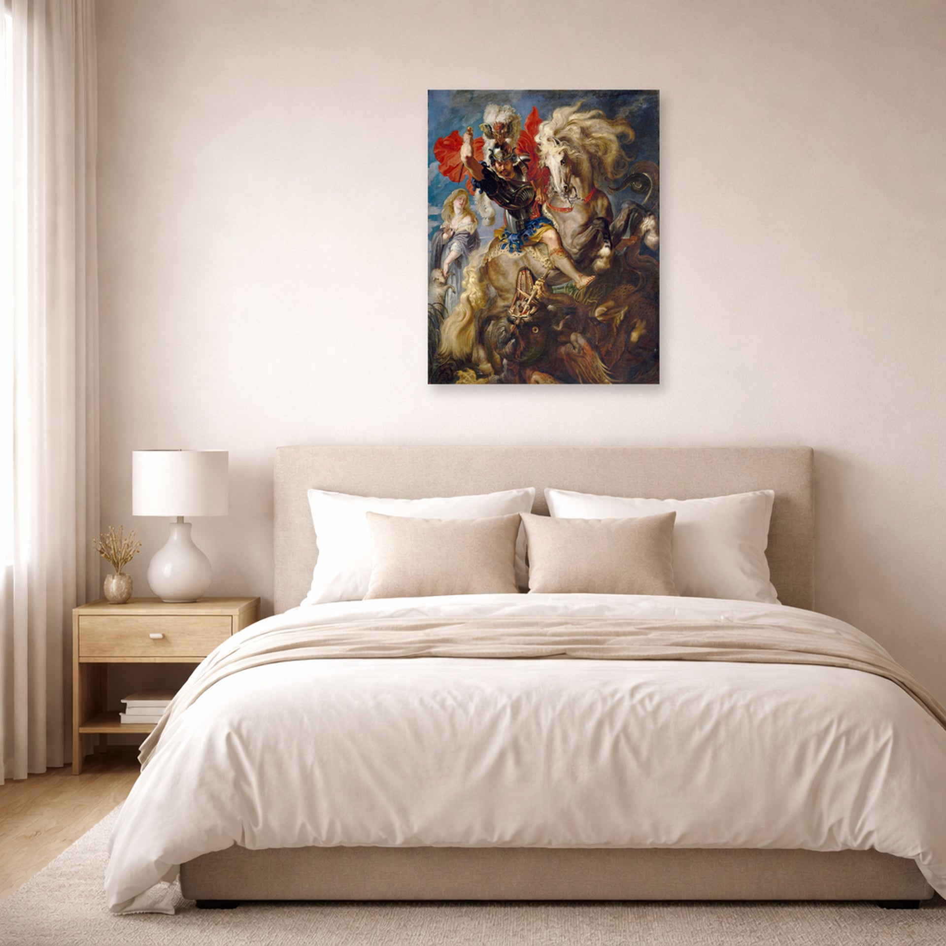 Unframed poster print of Peter Paul Rubens' 'Saint George and the Dragon' displayed on a wall in a bedroom